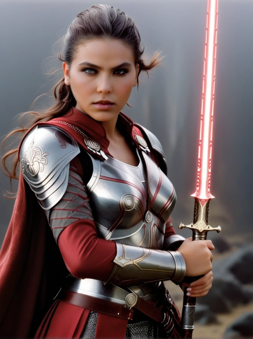 ((Best quality)), in a dark fantasy world, Valkyrie hvatamba turned upward from the fog, her eyes glow, steel patterns run across the chitin of the armor, she is a daring hunter from the dark world, she holds a white rose glowing with ruby light and a sparkling Jedi lightsaber, hyperrealism, 64:128