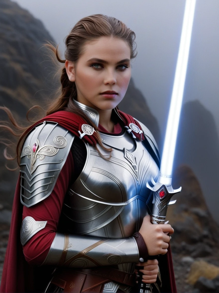 ((Best quality)), in a dark fantasy world, Valkyrie hvatamba turned upward from the fog, her eyes glow, steel patterns run across the chitin of the armor, she is a daring hunter from the dark world, she holds a white rose glowing with ruby light and a sparkling Jedi lightsaber, hyperrealism, 64:128