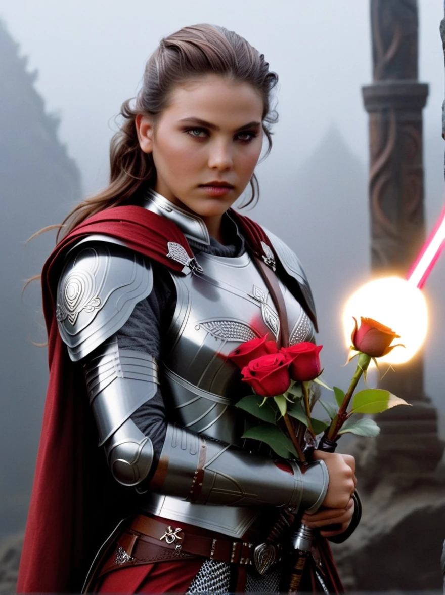 ((Best quality)), in a dark fantasy world, Valkyrie hvatamba turned upward from the fog, her eyes glow, steel patterns run across the chitin of the armor, she is a daring hunter from the dark world, she holds a white rose glowing with ruby light and a sparkling Jedi lightsaber, hyperrealism, 64:128
