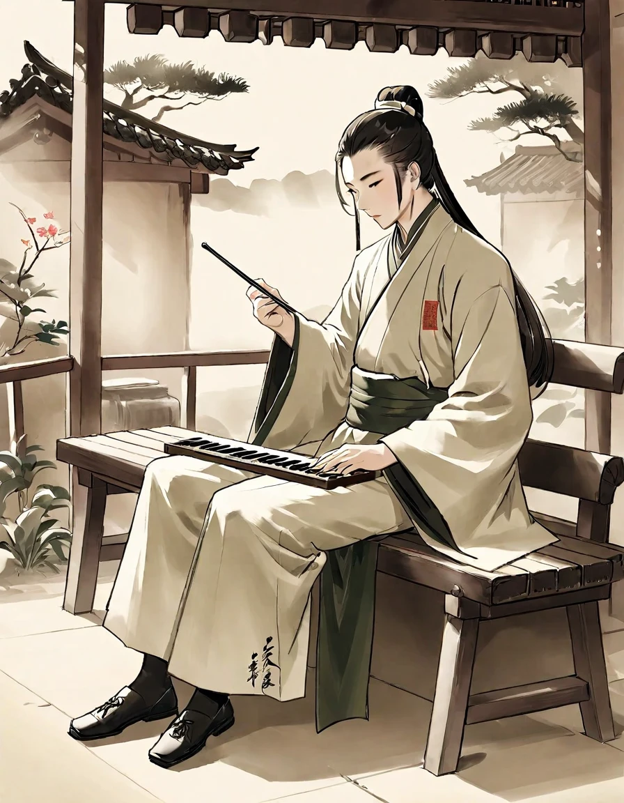 A man，Holding a feather fan，Dressed in cloth，Chinese classical martial arts style，Military division。Sitting in the military camp and playing the piano。Freehand ink painting style，Simple style，Declaring a sense of paper。