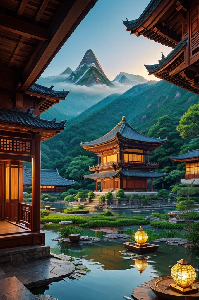 "Create a detailed illustration of a majestic mountain town in an ancient Chinese fantasy world, with the grand Aura Lotus Temple as its focal point. The town should be nestled among lush, green mountains with waterfalls cascading into crystal-clear rivers. Traditional Chinese buildings with curved roofs and lanterns should blend harmoniously with the natural landscape. The Aura Lotus Temple should stand prominently with sweeping roofs, intricate carvings, and surrounded by a serene lotus pond filled with glowing lotus flowers. Include townspeople and monks with subtle magical elements, like floating lanterns and enchanted flora, going about their daily activities. The entire scene should exude tranquility, mystical power, and enchanting beauty."