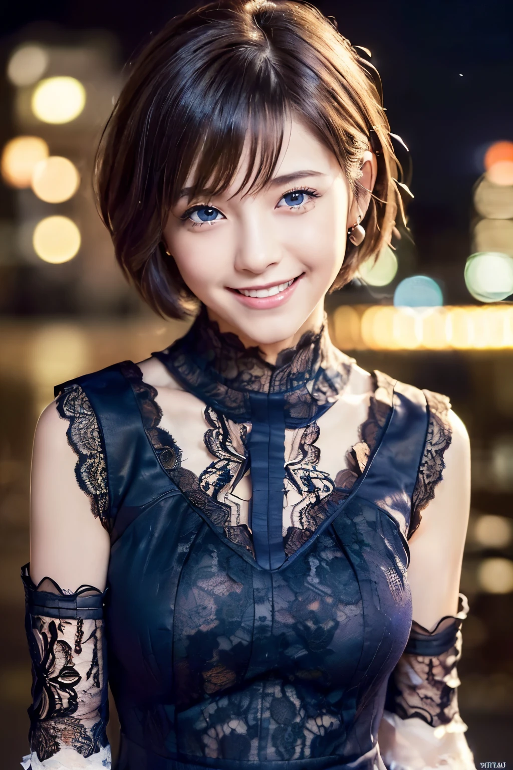 One girl, 
(No sleeve, Lace dress:1.6),(RAW Photos, Highest quality:1.4),
 (Realistic, photo-Realistic:1.4), 
 masterpiece, Very delicate and beautiful, Very detailed, 2k wallpaper, wonderful, In detail, 
 Very detailed CG unity 8k wallpaper, Super detailed, High resolution, Soft Light, Beautiful detailed girl, Very detailed eyes and face, 
 Beautifully detailed nose, Beautiful attention to detail,Cinema Lighting,(Blurred,Bokeh Background:1.6),(city, night:2.0),Perfect ???????,
 (Slender body:1.0),(Face close-up,Focus Face:1.6),(Smiling Kindly,Friendly, warm:1.8),
 (View your viewers:1.8), (short hair:1.6), (Japanese Idols:1.8), (Blue eyes:1.4),(Are standing:1.6