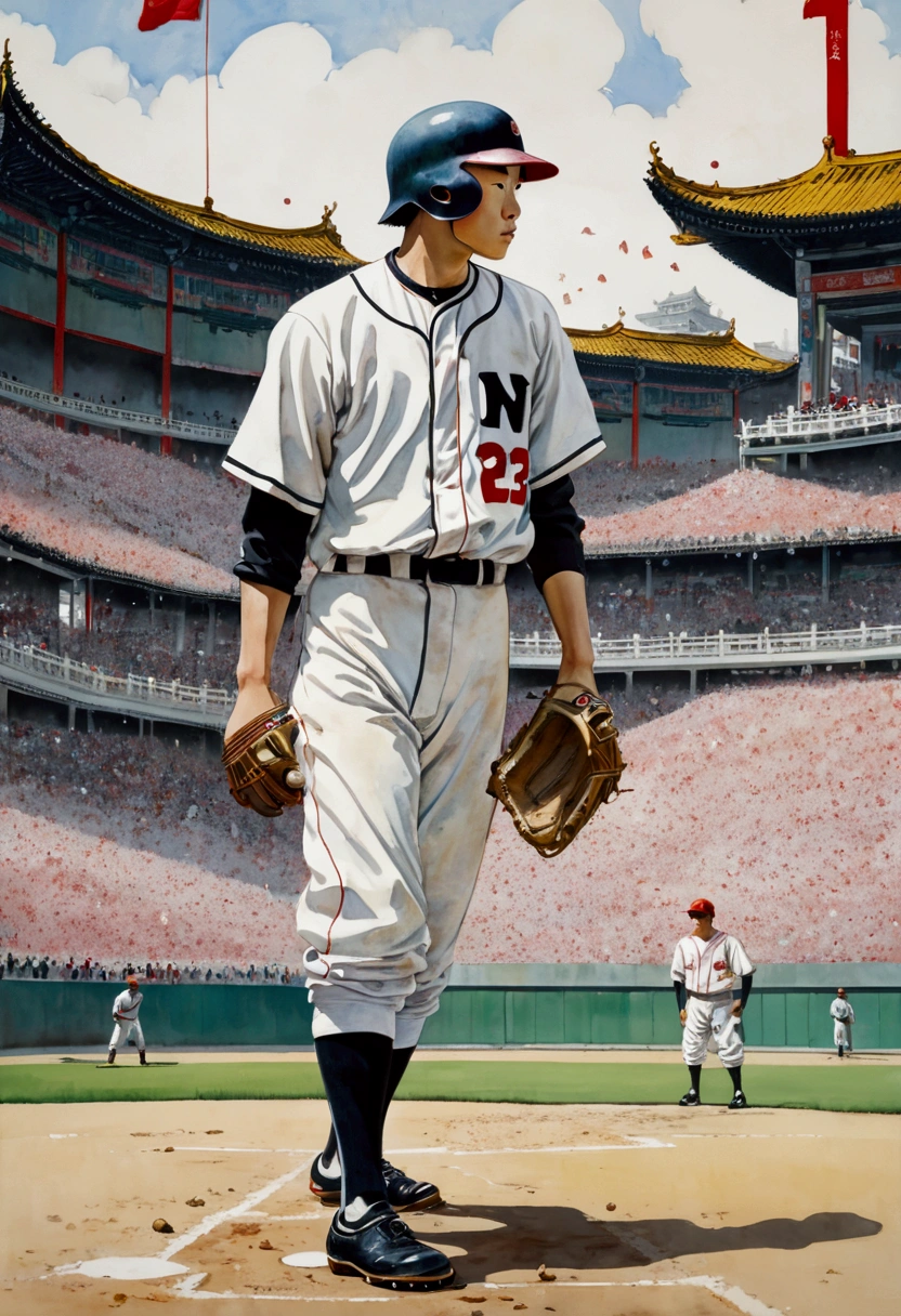 Baseball Player, by Wu Guanzhong, full body, cinematic still, cinemascope, (best quality, masterpiece), very aesthetic, perfect composition, intricate details, ultra-detailed, vivid colors