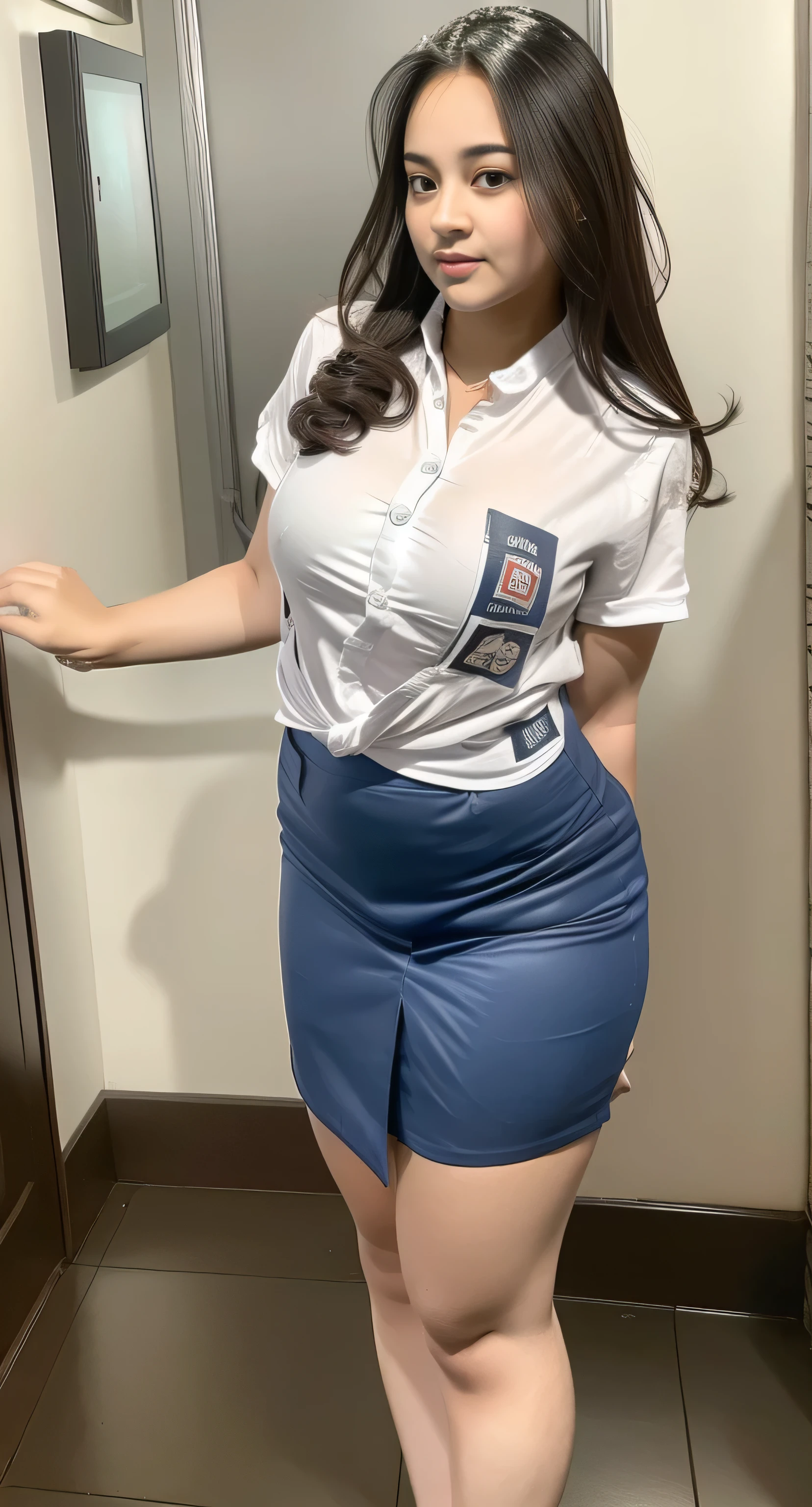 1girl, (uniform), standing, outdoors, curvy, tall, detailed face, detailed eyes, thick breasts, shiny skin, tight shirt, grey blue short skirt, looking at the audience, low angle shot,(8k, RAW photo, best quality, masterpiece: 1.2), (realistic, realistic: 1.37), ultra-high resolution