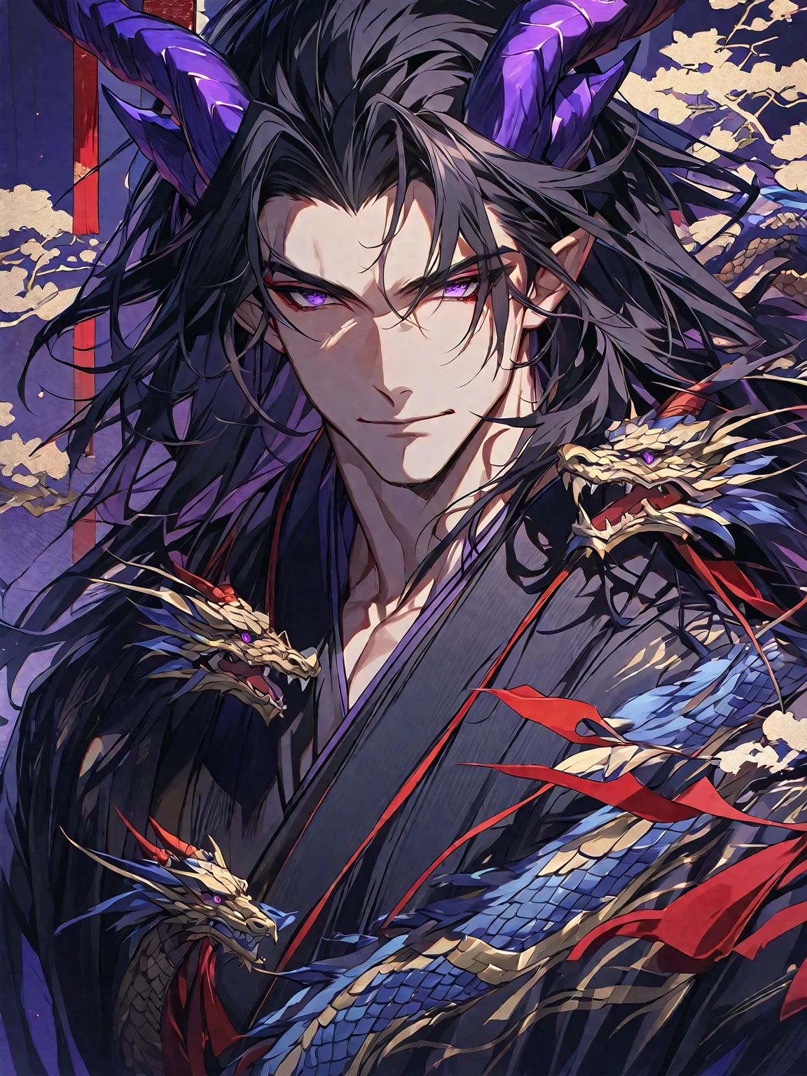 One, handsome, 1 man, with sporty body, V-shaped body, He's wearing a black kimono, dragon horns, long hair, black hair, bright purple eyes, Against the background of Japanese themes, red threads, dark light