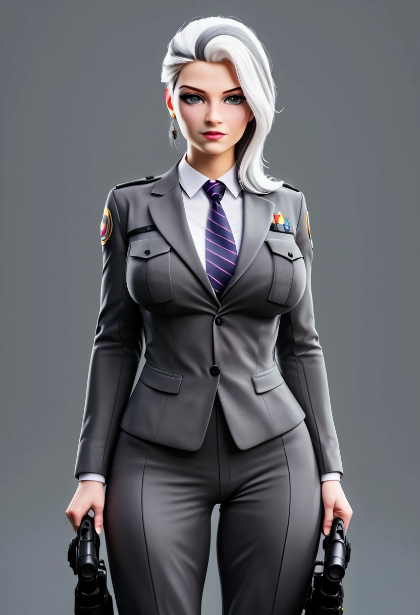 vibrant colors, 8K, high resolution, highly detailed, masterpiece, ((my little pony)), (striped white hair), (pale body), (gray eyes) seductive face, woman's tactical gear, standing, big breasts, beautiful body