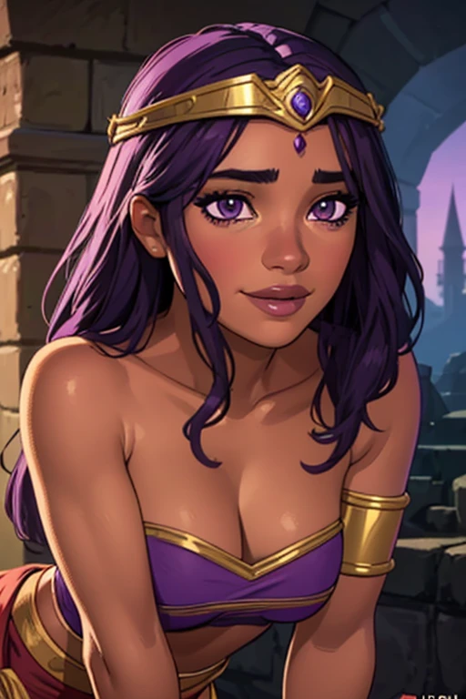 Fantasy style, Fantasy setting, A beautiful young sorceress (1 girl), dark-skinned female, with long purple flowing hair,  purple eyes, purple iris, mascaras purple eyeshadow, smile, purple lipstick, skin covered in purple markings, (Wearing: golden headpiece, purple strapless top, purple loincloth, pelvic curtain, golden armlets), looking mature and alluring at 28 years old, (detailed eyes, detailed lips, extremely detailed face), intricate detailed portrait, photo realistic, 8k, highly detailed, cinematic lighting, warm color palette, castle ruins background, detailed foliage, golden hour lighting, dramatic lighting, dramatic pose, sensual, alluring, captivating gaze, photorealistic, masterpiece