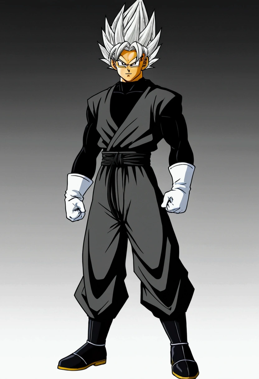 Create a Saiyan he has a serious look, hair spiked back, he wears a dark long-sleeved shirt clinging to his muscles, He wears white gloves and has a dark coat tied around his waist and down to his legs., He wears dark pants, White Boots, he has dark vertical pupils with an evil smile on his face, anime styling, spiky hair back, make his hair lay back 