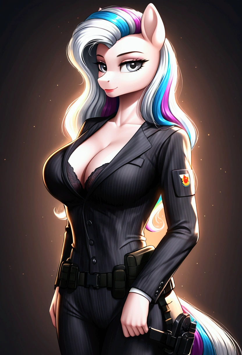 vibrant colors, 8K, high resolution, highly detailed, masterpiece, ((my little pony)), (striped white hair), (pale body), (gray eyes) seductive face, woman's tactical gear, standing, big breasts, beautiful body