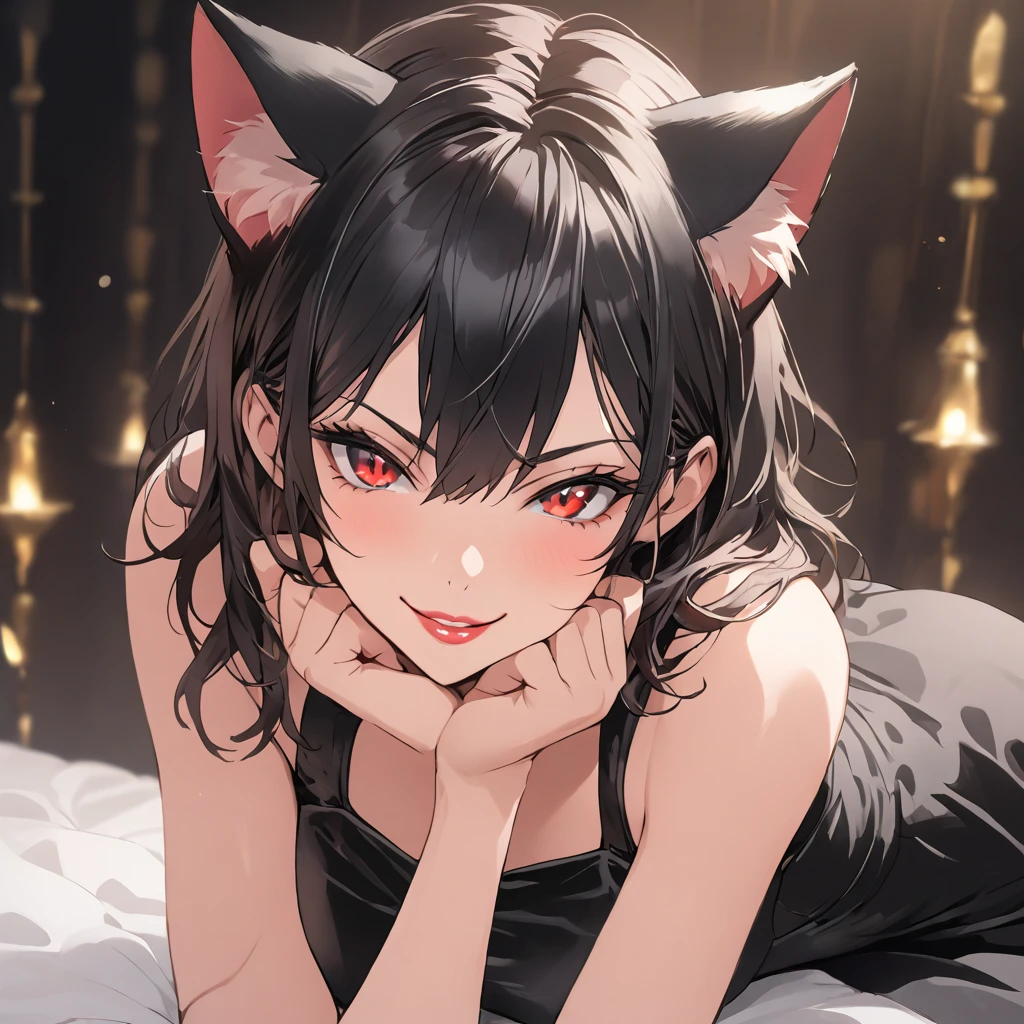 Black hair. red eyes. Juicy lips with a smirk. cat ears. sexy pose. black dress.