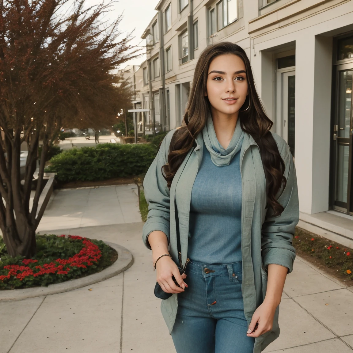 Extremely busty thin and toned brunette photographer, college girl, fair skin, loose side sweep, soft face, athletic, bandana babushka headwrap, tight olive green casual windbreaker, skinny jeans. standing in front of her apartment building, outdoors, city, camera bag, cleavage 
