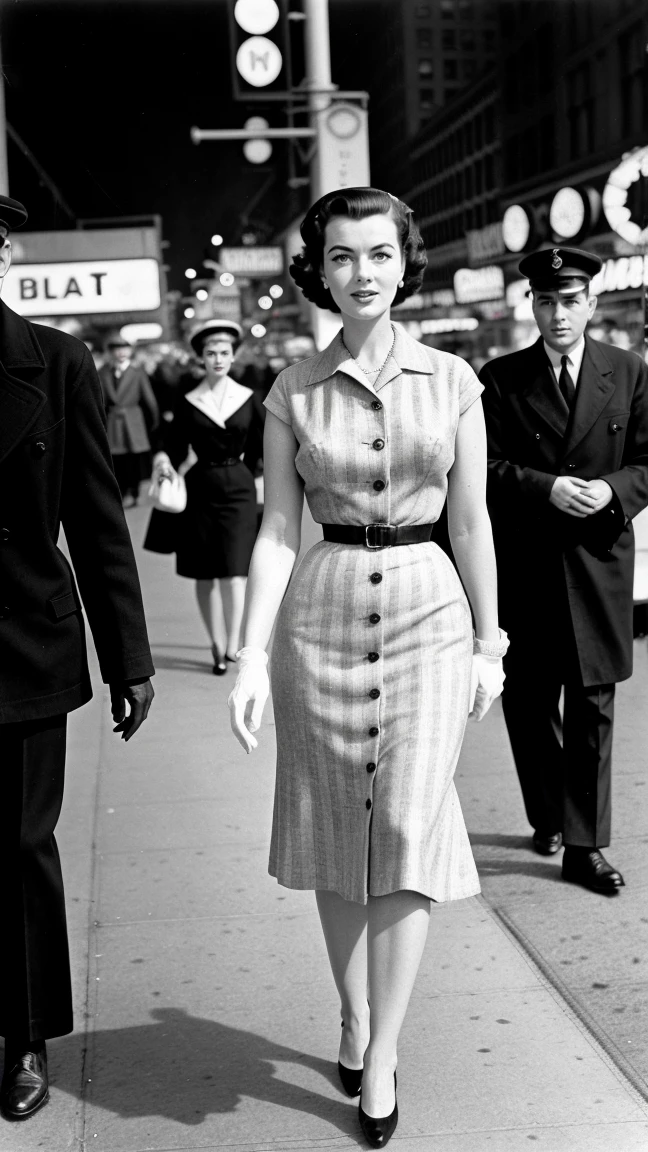 Realistic image of adult woman,  1950s,  walking down a New York street towards the viewer. Men pass by her and watch her. Fashion of the time, black andwhite, film noir, analog, hyperrealisti, Cinematic.