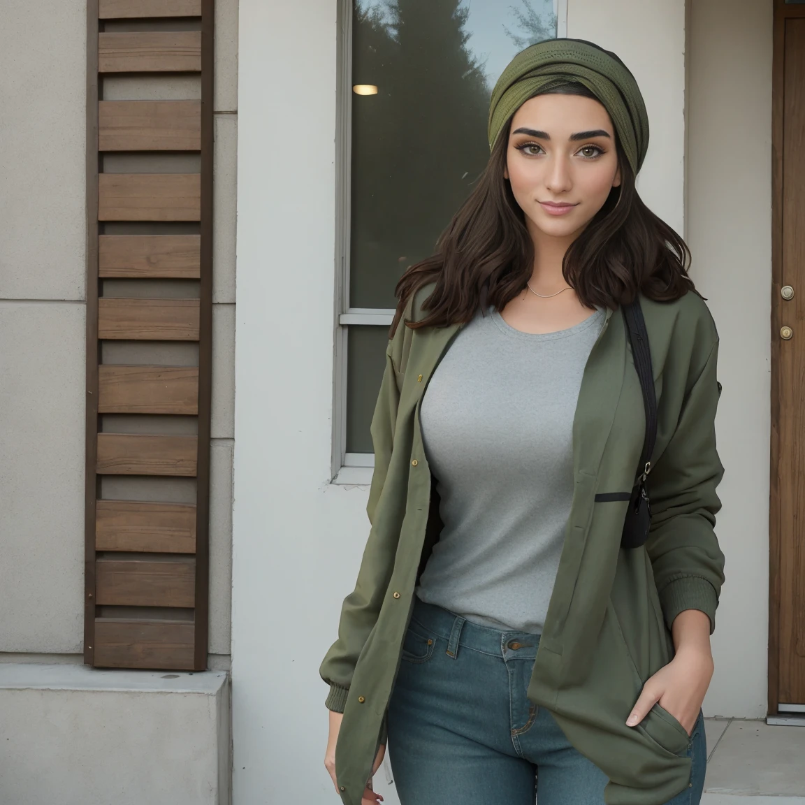 Extremely busty thin and toned brunette photographer, college girl, fair skin, loose side sweep, soft face, athletic, bandana babushka headwrap, tight olive green casual windbreaker, skinny jeans. standing in front of her apartment building, outdoors, city, camera bag, cleavage