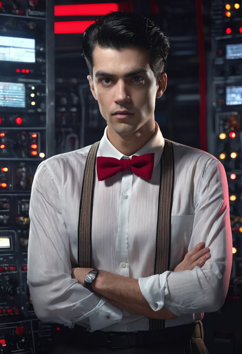 1 man, in front of a control panel, wearing a knitted dress shirt with a red bow tie, detailed facial features, dark detailed male eyes, detailed light skin, dark crew cut hair, thin body, strong lighting, expression of fear on the face, cold cinematic composition, atmospheric fog, handsome face, thin chin, handsome man, 25 years old (best quality, 4K, 8K, high resolution, art: 1.2), ultra-detailed, (realistic, photorealistic, photorealistic: 1.37 )