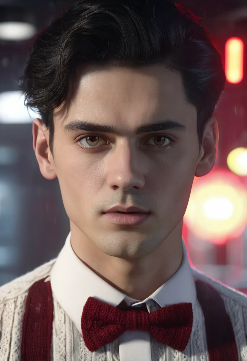 1 man, in front of a control panel, wearing a knitted dress shirt with a red bow tie, detailed facial features, dark detailed male eyes, detailed light skin, dark crew cut hair, thin body, strong lighting, expression of fear on the face, cold cinematic composition, atmospheric fog, handsome face, thin chin, handsome man, 25 years old (best quality, 4K, 8K, high resolution, art: 1.2), ultra-detailed, (realistic, photorealistic, photorealistic: 1.37 )