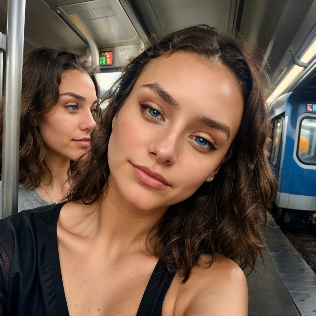 Beautiful brunette, wearing a black T-shirt with a neckline (22 years old, innocent face, naturally wavy hair, blue eye), TrainStation, Train in the background (ice train) ((Selfie on the upper body, a happy)), masterpiece, beste-Qualit, Ultra-detail, solo, En plein air, (evening), cheerful, analog style (look at the viewer: 1.2) (Skin texture) (Film grains: 1.3), (warm hue, warmer Ton: 1.2), a close-up of a, cinematiclight, sidelighting, extra high resolution, better shadow, SPIRIT, upper body,