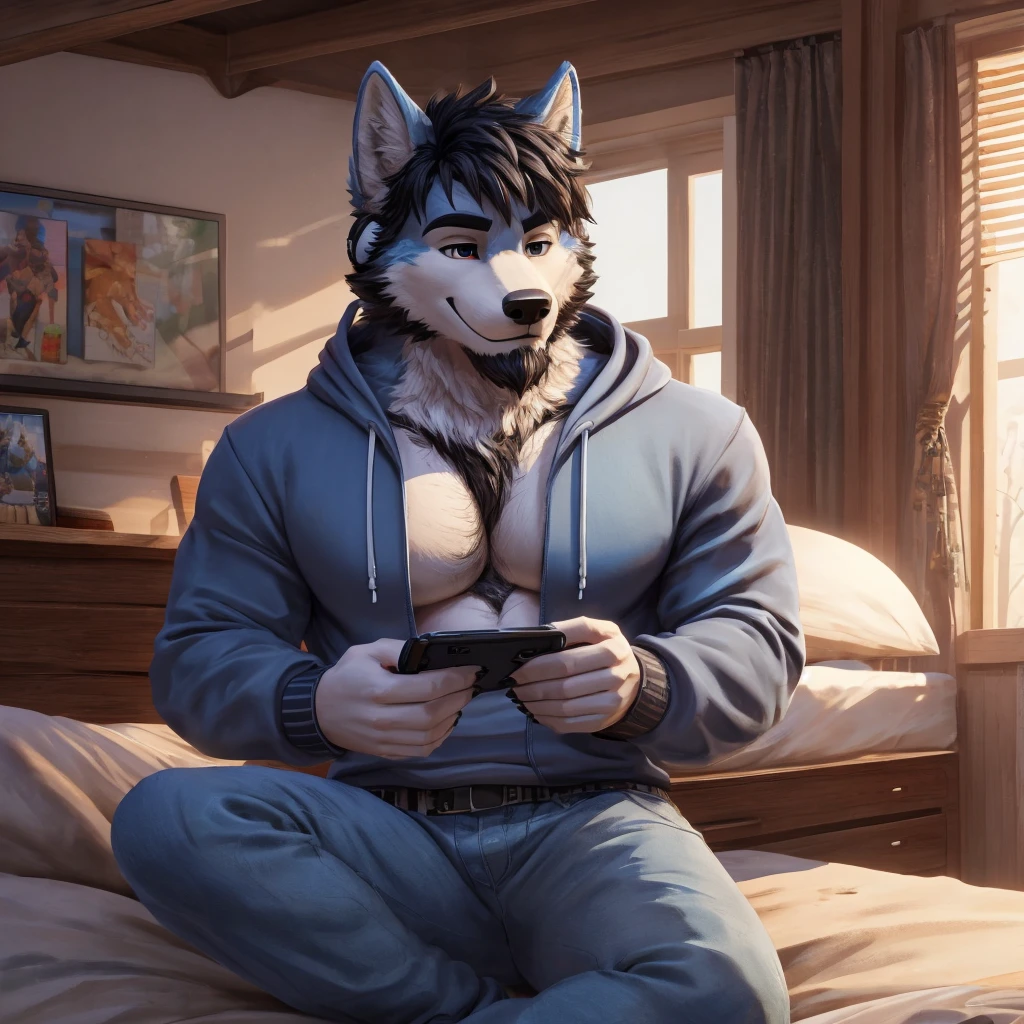 ((best quality)), ((masterpiece)), (Ultra detailed), ((4k)) , Solo , Anthro Wolf , Light Blue Fur , Black Short Hair , Short Beard , Handsone , Middle Ages , Big Pecs chest , Playing Game , Headphone , Bedroom , Sit In Bed , Sweatshirt , Jean pants , Small Smile