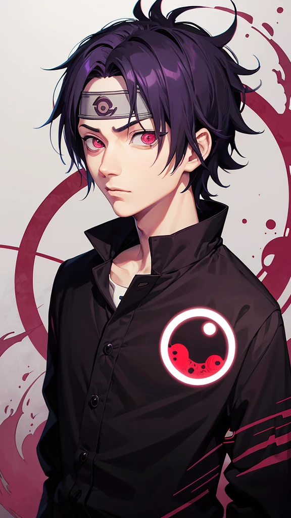 bioluminescent Masashi Kishimoto Manga style portrait of obito uchiha with sharingan and Rinningan, 1 eye red sharingan, other eye purple Rinningan, exquisite detail especially in the eyes.