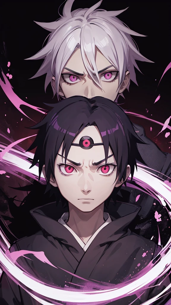 bioluminescent Masashi Kishimoto Manga style portrait of obito uchiha with sharingan and Rinningan, 1 eye red sharingan, other eye purple Rinningan, exquisite detail especially in the eyes.