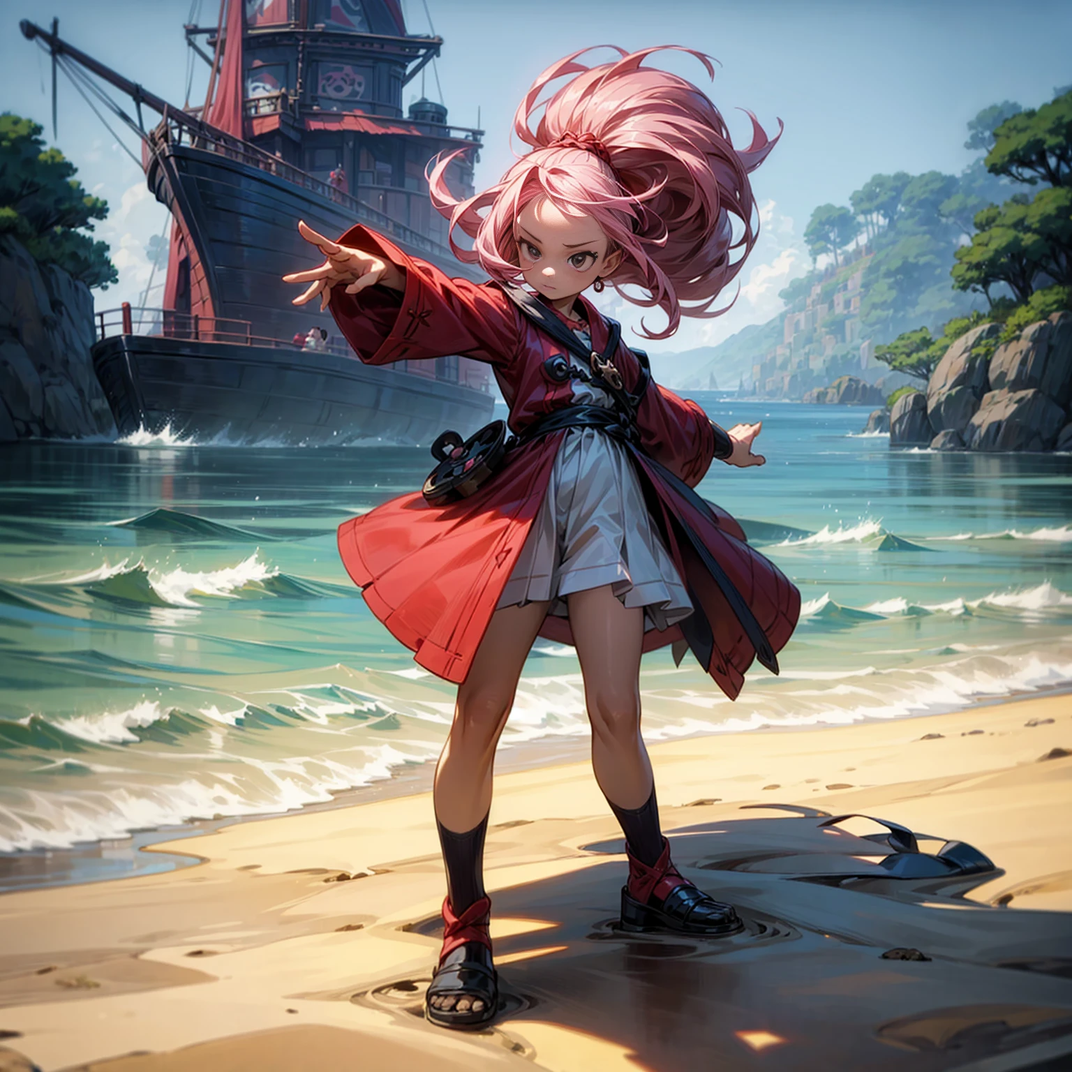 1childern girl, Full body version, 1character, children version, black eyes, long Curly haircut, pink colour hair, ancient pirate style clothing, red colour clothing, Grassroots, background in beach, motion blur, (pokemon style art), standing gesture,