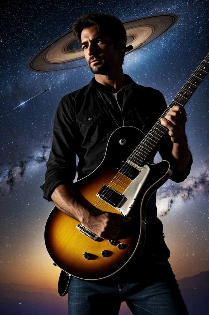 Man alone on his back in the dark guitar hanging on his back looking at the infinite starry sky of Saturn 