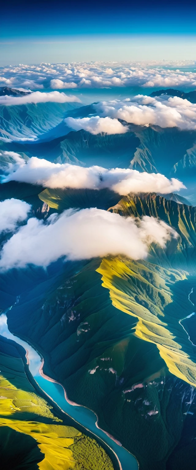 (Highest quality),(masterpiece:1.2),(Very detailed:1.2),Ultra-high resolution,RAW color photos,8K,Vast landscape photography,Realistic photos,Elaborate photos,Skydiving viewpoint,Written boundary depth,Sharp focus,In the clouds,The land below,A series of high mountains々,Beautiful colors,Written boundary depth,Wide Light,Low contrast,Backlight,Sharp focus,Vibrant colors,moving composition