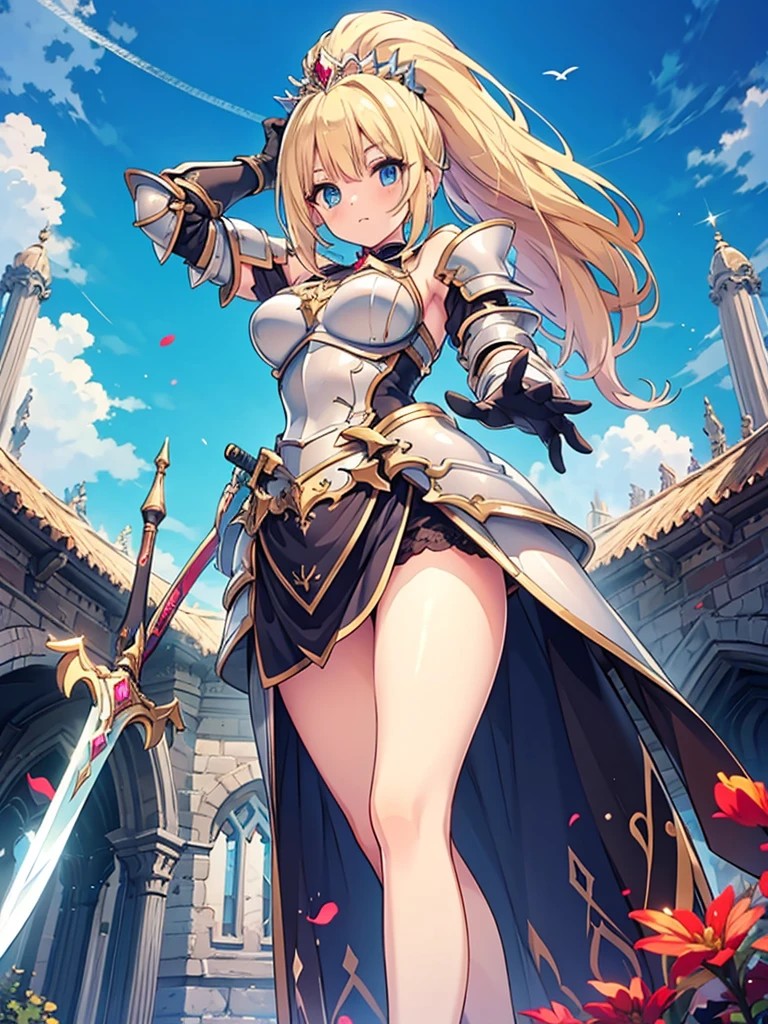(masterpiece), best quality, Expressive eyes, Perfect face,1 Girl, Two-handed sword,Lift above your head, a female knight in metal armor, Red_Full set of clothing, White_armor,cropped shoulders armor, plate armor, armor dress,Gloves, Blonde hair,High Ponytail,blue eyes,Ruby Tiara,cleveage, thigh, High Leg Raise, (From below:1.1), Looking at the audience, Blue sky