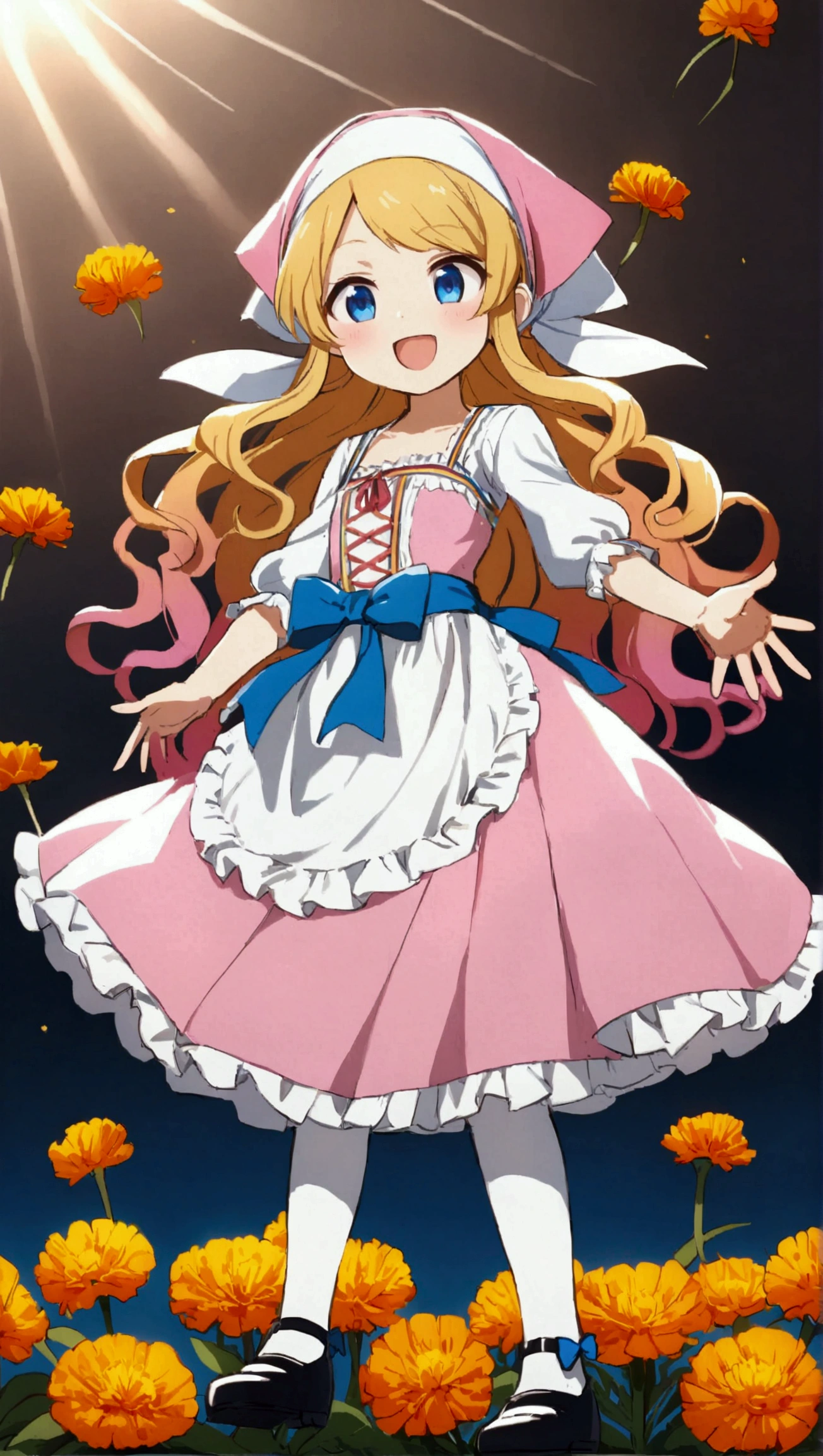 golden orange hair, gradient hair, very long hair, swept bangs, sidelocks, curly hair, wavy hair, (((((head scarf))))), head bandana, pink apron, flower in hair, marigold, orange flower, dirndl, pink dress, pink dirndl, long sleeves, waist apron, white apron, bow on waist, blue bow, , polish clothing, Slavic clothing, Hungarian clothing, anime, cute, flat chest, solo, exaggerated expression, smile, open mouth, blue eyes, white stockings, black shoes, full body