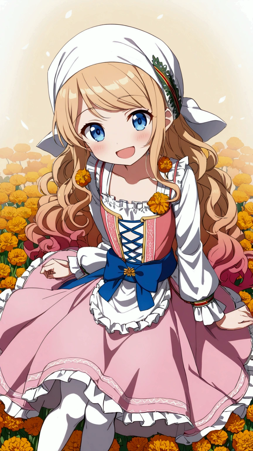 golden orange hair, gradient hair, very long hair, swept bangs, sidelocks, curly hair, wavy hair, (((((head scarf))))), head bandana, pink apron, flower in hair, marigold, orange flower, dirndl, pink dress, pink dirndl, long sleeves, waist apron, white apron, bow on waist, blue bow, , polish clothing, Slavic clothing, Hungarian clothing, anime, cute, flat chest, solo, exaggerated expression, smile, open mouth, blue eyes, white stockings, black shoes, full body
