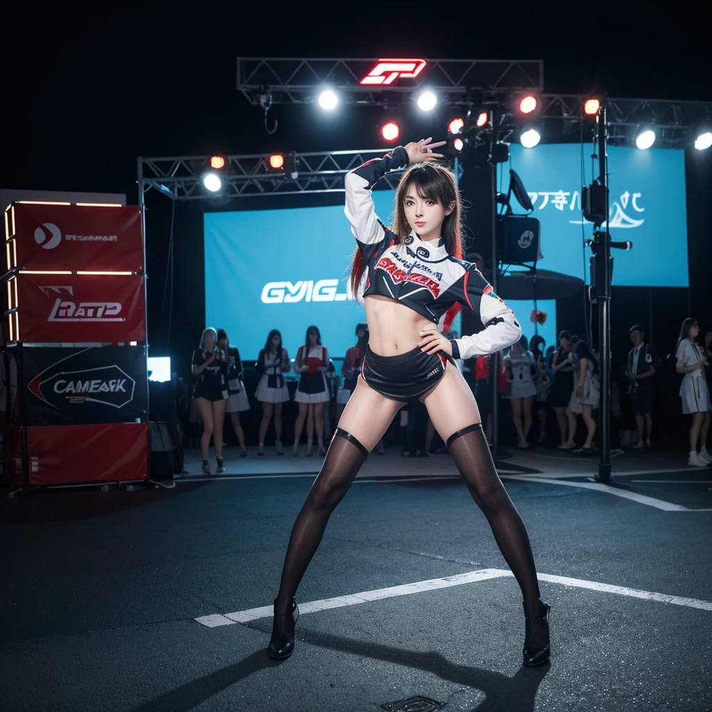 Super detailed photos、Detailed face、Lip gloss、Cool woman、Colorful costumes、F1 Driver Cosplay、Colorful costumes、Clothing with company logo、Grid Girlsのカラフルで派手な衣装、Grid Girls、Perfect Face、Paddock Girls、Harem、motor Show、tights、Bodycon Costumes、Grid Girls、Russia、Grid Girlsのコスプレ、belly button、Pleated skirt、Bodycon Costumes、Legs open pose、Spread your legs to show your crotch