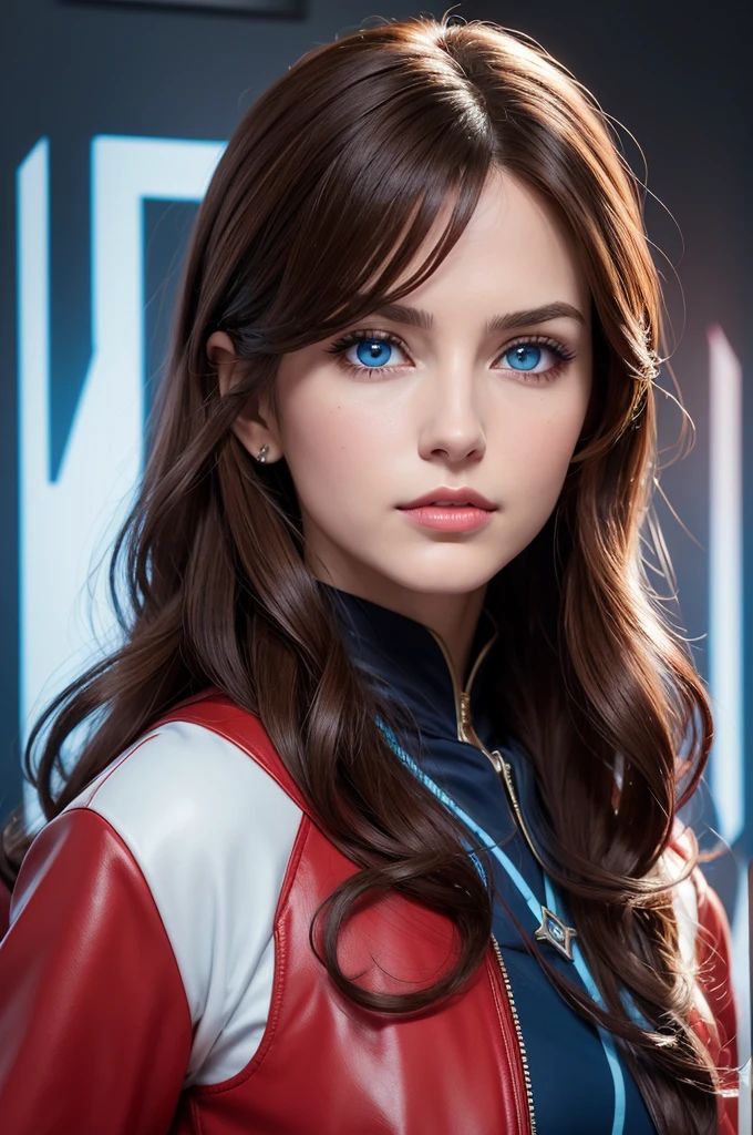16k Ultra HD, Extremely beautiful 35 year old mature adult woman, wavy brown hair, bangss, very mirrored blue eyes, serious and deep look, looking at the viewer from the side , very red mirrored mouth, red jacket blue blouse, focus on facial details, face detailed, background preto , ((retro comics anime style)), HQ , pointier chin , Castlevania style