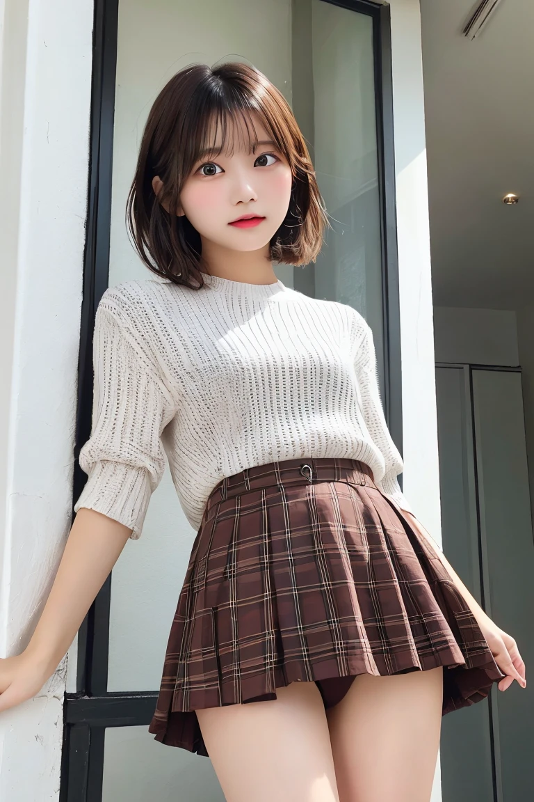 Highest quality、(beautiful)、Super delicate eyes、Brown eyes、22-year-old female、looking at the camera、Semi-short hair、Gal、howing up her skirt、Shoot from below、panties