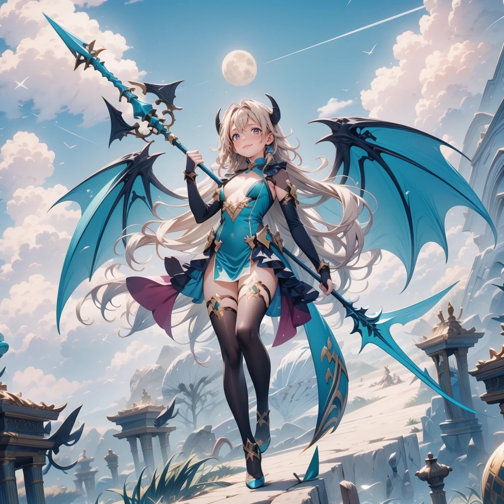 (Turquoise fantasy style) ,(8K),(illusory),Solitary,1 Girl,Yellow hair, Devil's Point,Gradient Wing, Practical, best quality, masterpiece, Ultra Detailed, Ultra-high resolution,rest (outdoor),Flying in the sky,moon,spear,Look at the audience,Scary face