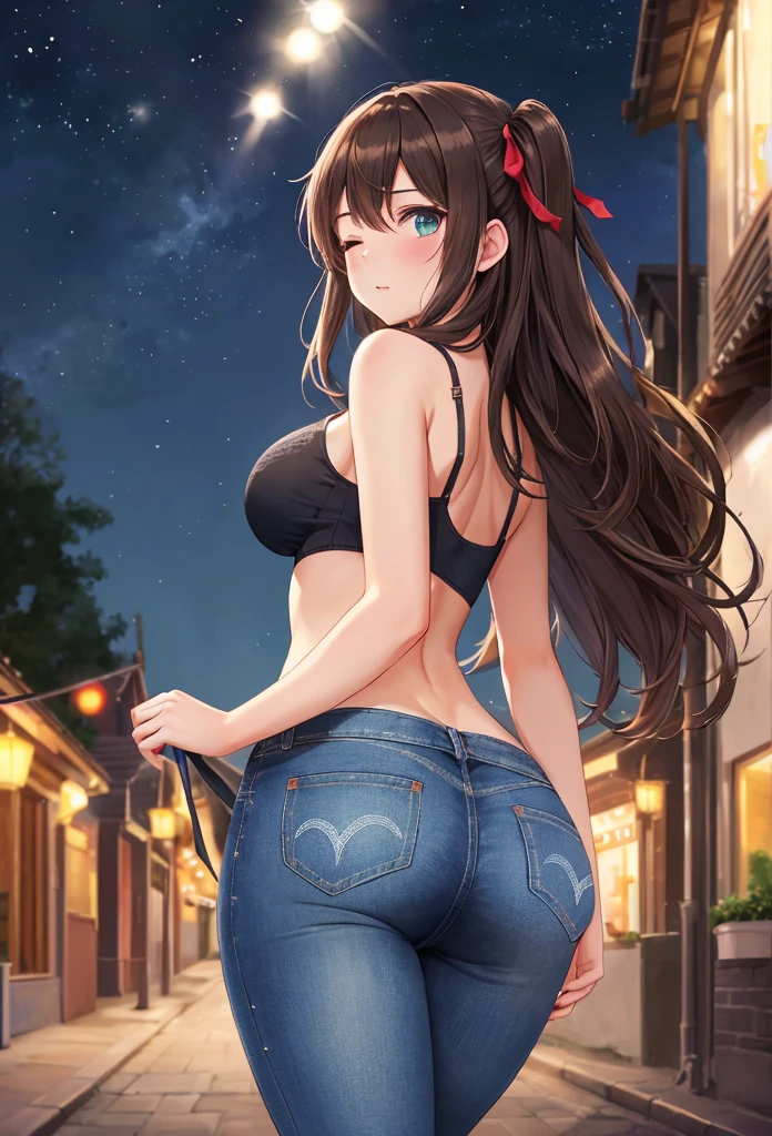 A beautiful girl in jeans and a bra top walking down a street, anime girl, night street, houses and shops in the street, street lit by street lamps, trees, night sky, starry night, yawning face, big rounds breasts, (white tanktop, blue jeans pants), dark brown hair, bangs, long hair, wavy hair, hair one side up, expressive hair, shiny hair, two side up, hairclip, ribbon, aqua eyes, glowing eyes, pupils sparkling, blush, bright pupils, one eye closed, tight clothing, viewer behind her, view from behind, she looks back, ass round, (perfect and defined ass:1.5), varied poses, anime, high detail, anime style, depth of field, dithering, chiaroscuro, image fill, three sided view, panorama, perspective, photography, lens flare, Wide-Angle, f/1.8, 85mm, Nikon, 40k, super detail, UHD, retina, masterpiece, accurate, anatomically correct, textured skin, highres, best quality