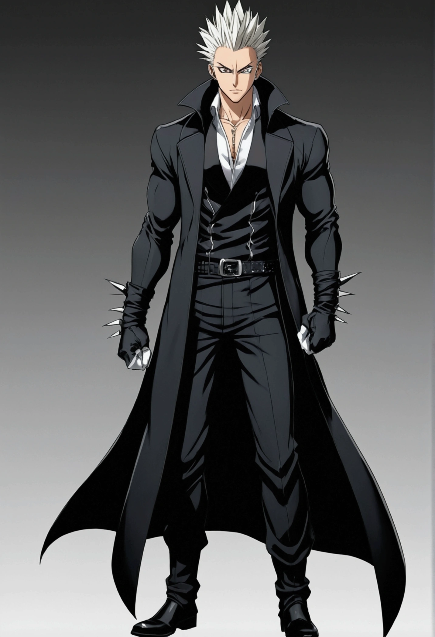 Create a man he has a serious look, hair spiked back, he wears a dark long-sleeved shirt clinging to his muscles, He wears white gloves and has a dark coat tied around his waist and down to his legs., He wears dark pants, White Boots, he has dark vertical pupils with an evil smile on his face, anime styling