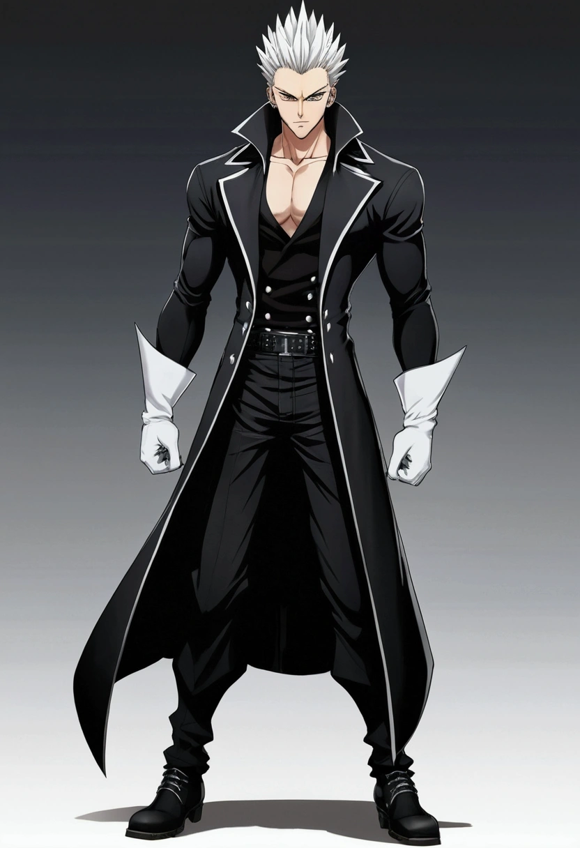 Create a man he has a serious look, hair spiked back, he wears a dark long-sleeved shirt clinging to his muscles, He wears white gloves and has a dark coat tied around his waist and down to his legs., He wears dark pants, White Boots, he has dark vertical pupils with an evil smile on his face, anime styling