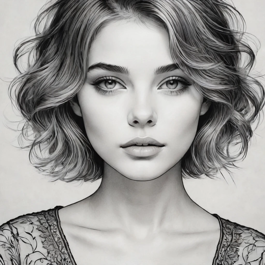 a line art portrait of a young girl, detailded facial features, gorgeous eyes, delicate lips, short, flowing hair, softshadows, minimal style, black andwhite, hight contrast, intricate linework, chic, serene, detailded, intricate, work of art