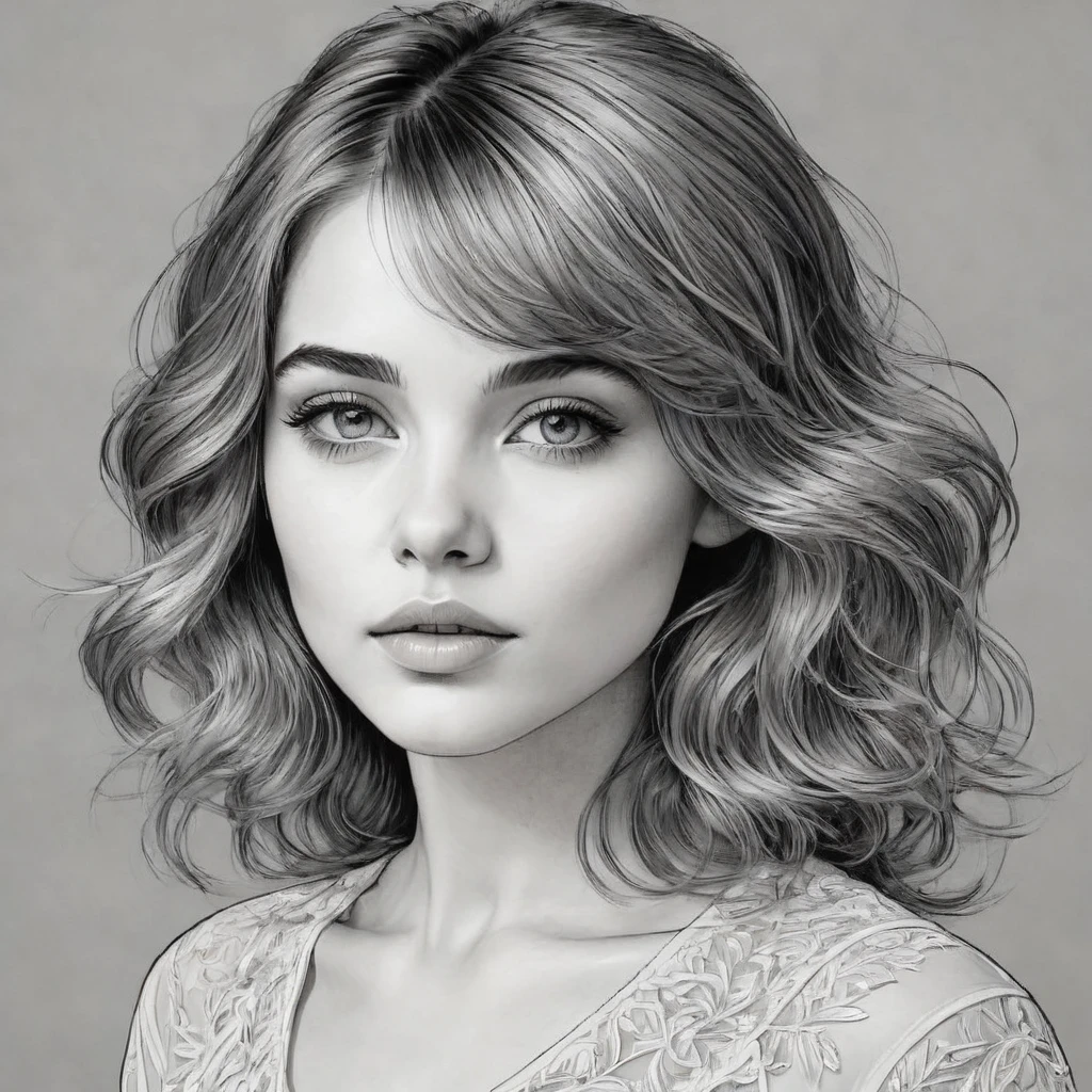 a line art portrait of a young girl, detailded facial features, gorgeous eyes, delicate lips, short, flowing hair, softshadows, minimal style, black andwhite, hight contrast, intricate linework, chic, serene, detailded, intricate, work of art