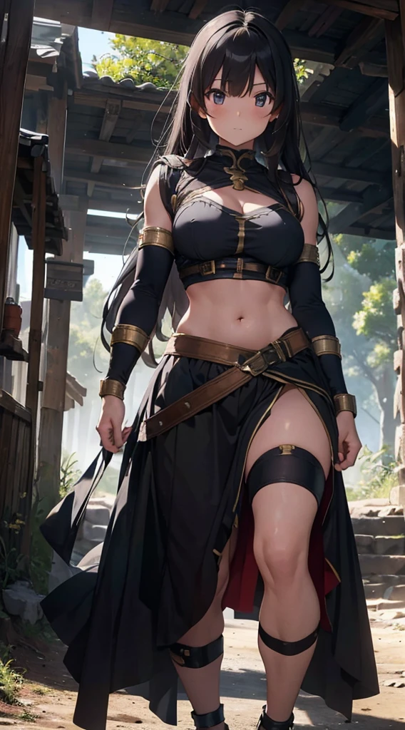 ((((High resolution, Intricate details, masterpiece, 8k)))), (((beautiful, Muscular, Bikini Armor, Pelvic Curtain))), ((One Woman, full body, Glaring, Walking)), (Black Hair, Forehead, Long Hair, ponytail, Large Breasts, Huge Saggy Tits, Glowing Skin), from front, looking at viewer, look at viewer, outside, Snow Mountain, bright,