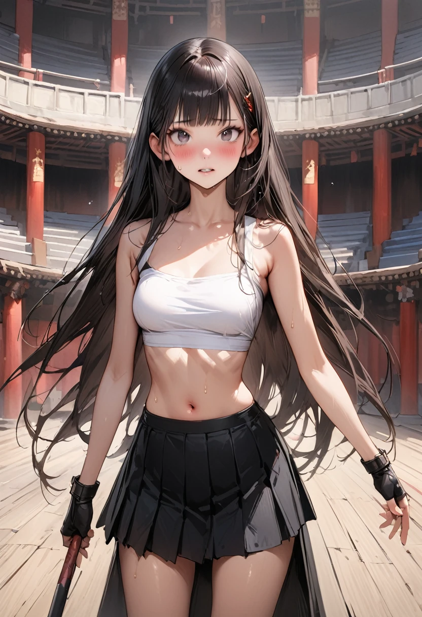 (((masterpiece,Highest quality:1.3,best quality illustration))),(realistic),cowboy shot,独奏,1woman,18 year old beauty,black hair,long hair,bangs,black eyes,gorgeous big eyes,((very small head:1.3)),blush,((very long body:1.2,skinny)),medium breasts,White tube top shirt、navel、(Black pleated mini skirt),Brown leather fingerless gloves、sweat,gleaming skin,toned body,slender body、Martial arts stance、Martial Arts Matches、amphitheater、