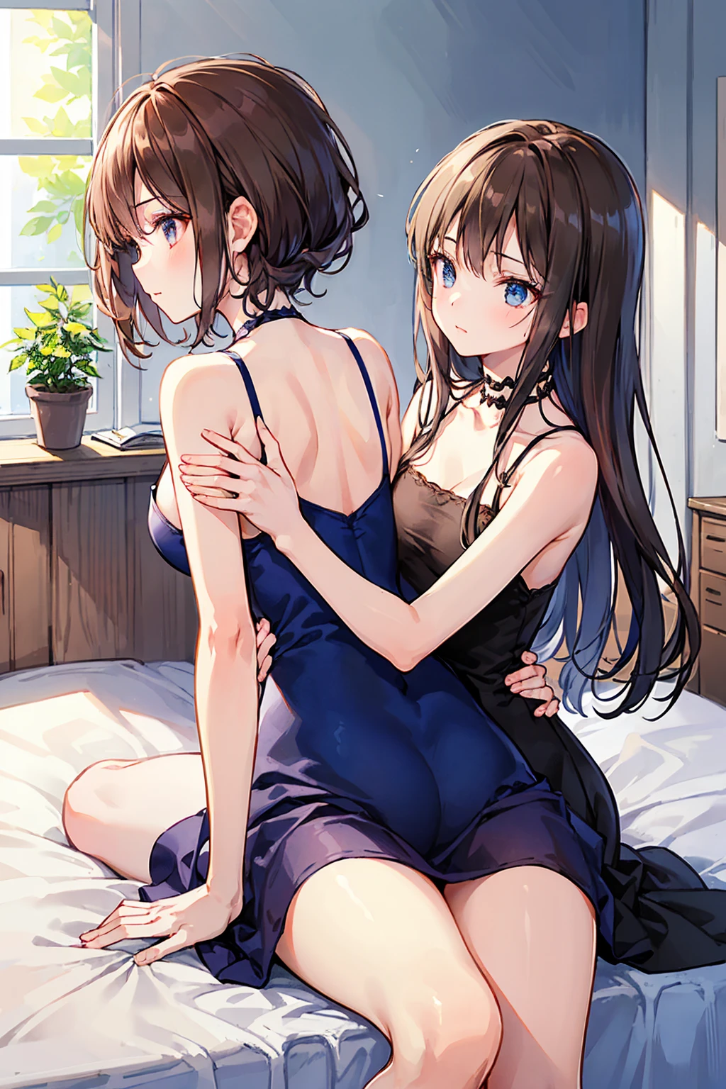 How to sit a girl,Written boundary depth, Delicate eyes, Distinctive nose line,Fine skin、Smooth、Perfect beauty、Small breasts、thin,((Natural style)),Brown Hair、Truly beautiful、Beautiful profile,Perfect Style,((Boyish clothes)),Shortcuts,Western-style room,On the bed,The lighting is dim,My face turned red、((Girly clothes)),