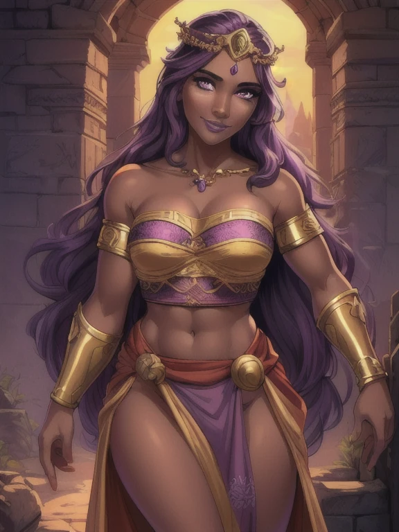 Fantasy style, Fantasy setting, A beautiful young sorceress (1 girl), dark-skinned female, with long purple flowing hair, purple eyes, purple iris, mascaras purple eyeshadow, smile, purple lipstick, skin covered in purple markings, (Wearing: golden headpiece, purple strapless top, purple loincloth, pelvic curtain, golden armlets), looking mature and alluring at 28 years old, (detailed eyes, detailed lips, extremely detailed face), intricate detailed portrait, photo realistic, 8k, highly detailed, cinematic lighting, warm color palette, castle ruins background, detailed foliage, golden hour lighting, dramatic lighting, dramatic pose, sensual, alluring, captivating gaze, photorealistic, masterpiece