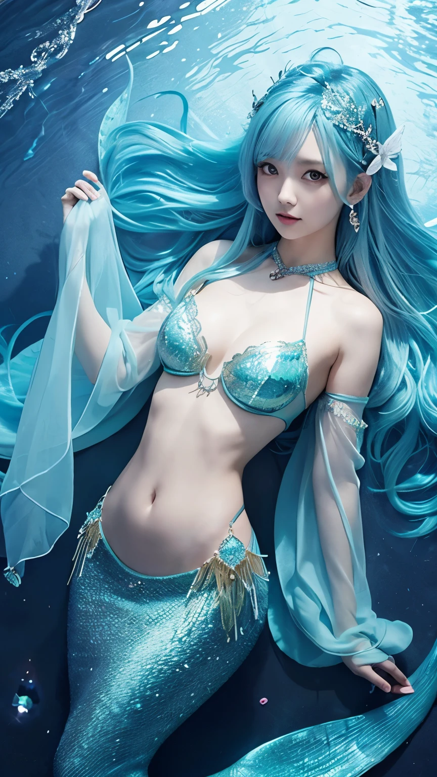 Female Mermaid、Beauty、Siren、Light blue hair、He has a transparent sleeve on his arm.、Wearing beautiful hair ornaments、Her belly button is visible