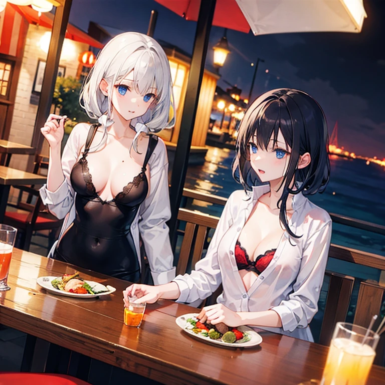 Female duo,Light clothing,Unbuttoned,Midnight,Adult atmosphere,Seaside restaurant