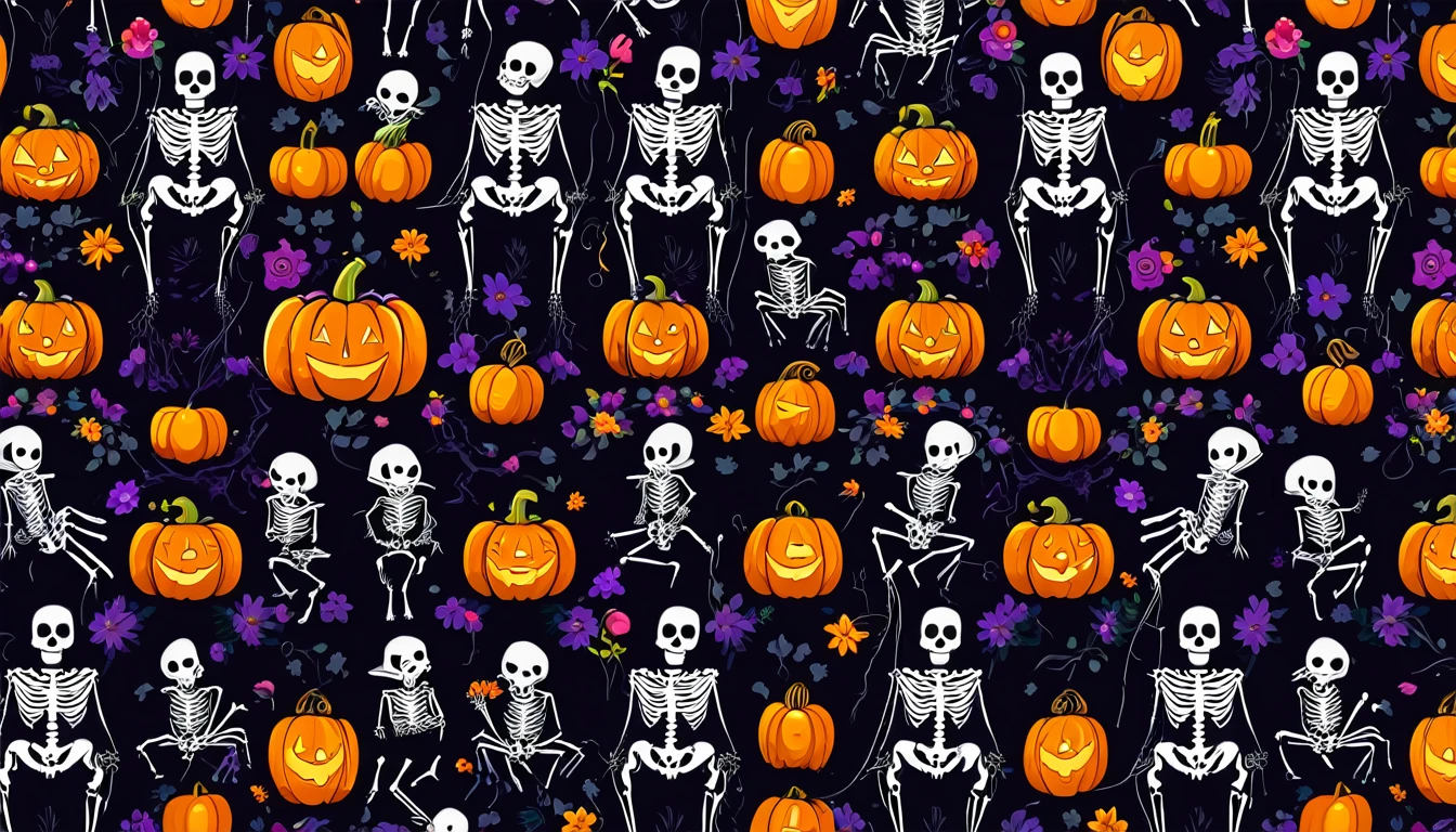 wallpapersv1, skeletons, flower, halloween, spiders, pumpkin, ghost patern style wallpapersv1, 8k