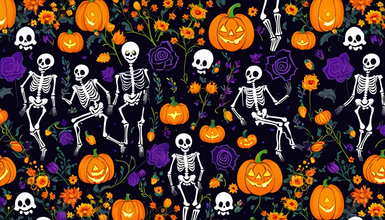 wallpapersv1, skeletons, flower, halloween, spiders, pumpkin, ghost patern style wallpapersv1, 8k