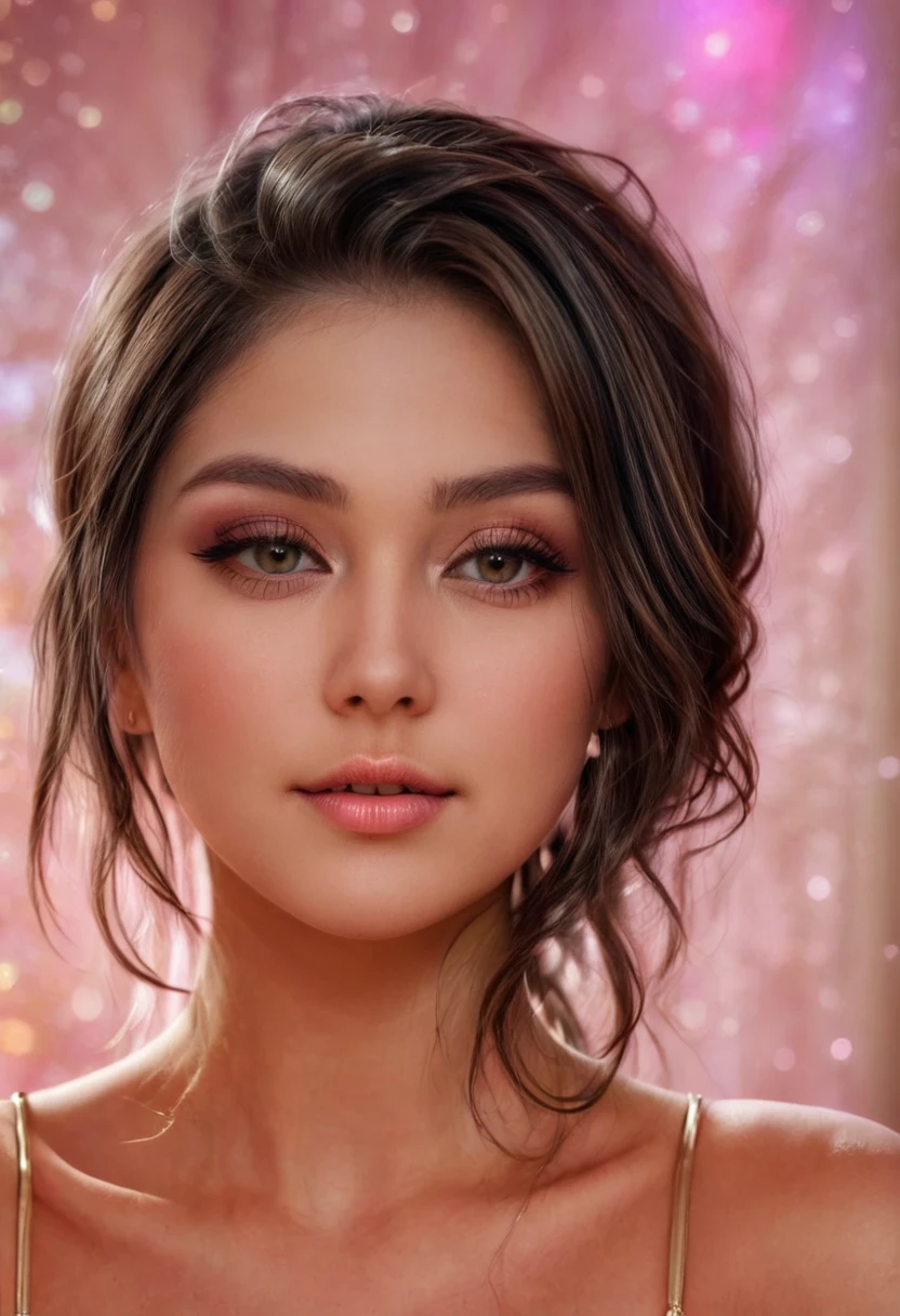 anikaxxx "A beautiful woman with flawless skin and a serene expression is posing with her eyes closed against a soft, dreamy pink background with bokeh lights. Her makeup is subtle and enhances her natural beauty, with a soft glow on her cheeks and perfectly shaped eye