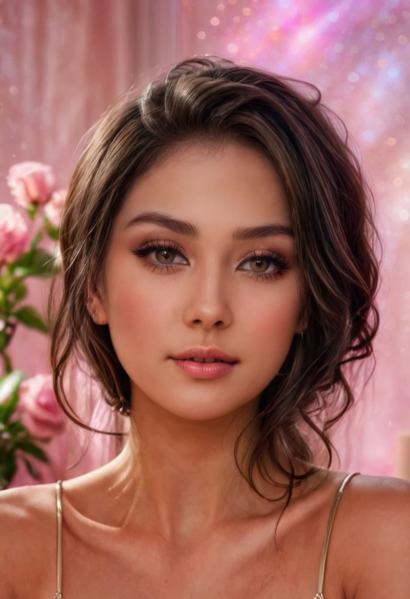 anikaxxx "A beautiful woman with flawless skin and a serene expression is posing with her eyes closed against a soft, dreamy pink background with bokeh lights. Her makeup is subtle and enhances her natural beauty, with a soft glow on her cheeks and perfectly shaped eye