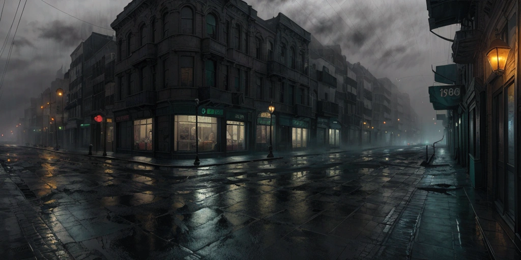 an abstract painting of a desolate 1880´s city street corner with flickering streetlights and empty storefronts, thick fog, wet street reflections, muted dark green, blueand grey, foreboding mood, midnight