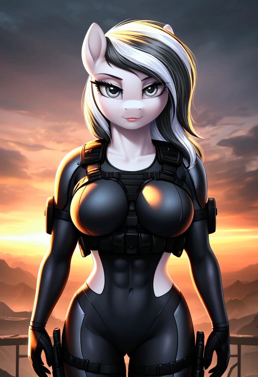 vibrant colors, 8K, high resolution, highly detailed, masterpiece, ((my little pony)), (striped white hair), (pale body), (gray eyes) seductive face, woman's tactical gear, standing, big breasts, beautiful body